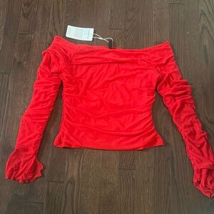 Red off the shoulder mesh top